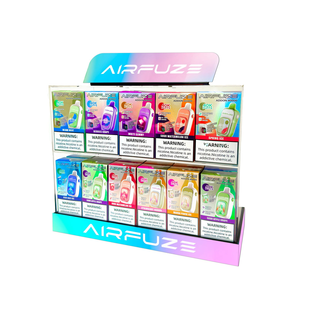 AIRFUZE Addon 40K 45-piece Retail Display – High-capacity disposable vapes with dual-tank design, Smart Watch promotion, and customizable flavor experience.