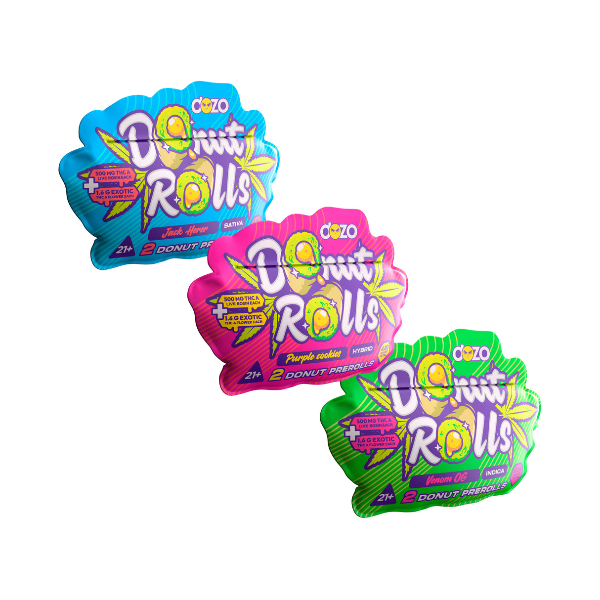 DOZO Donut Rolls 4.2g Pre-Rolls – 2-count pack infused with THCA flower and 500mg live rosin concentrate.