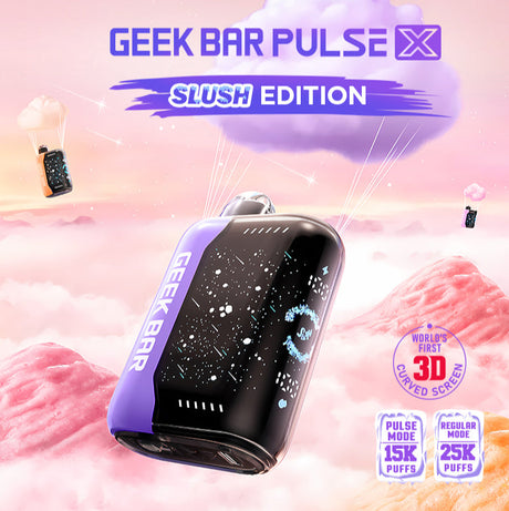 Geek Bar Pulse X 25K Slush Edition Disposable – 25,000 puffs, dual mesh coils, and USB-C rechargeable battery.