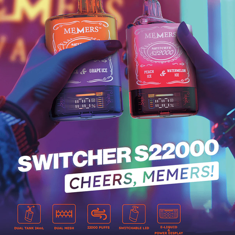 MEMERS S22000 Dual-Flavor Disposable Device – 22,000 puffs with dual-flavor switcher and 24mL e-liquid capacity, perfect for wholesale buyers.