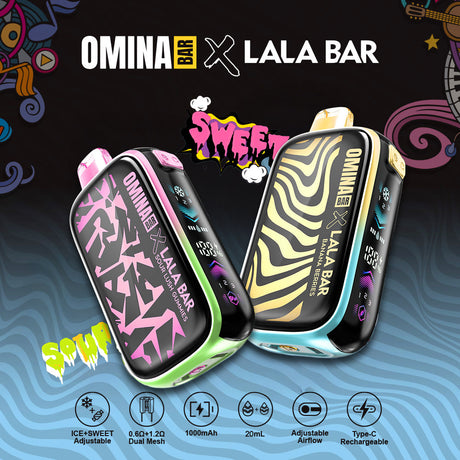 OMINA BAR x LALA BAR 40K Puff Disposable Device – RGB screen, dual tank design, and pre-filled 20mL e-liquid.