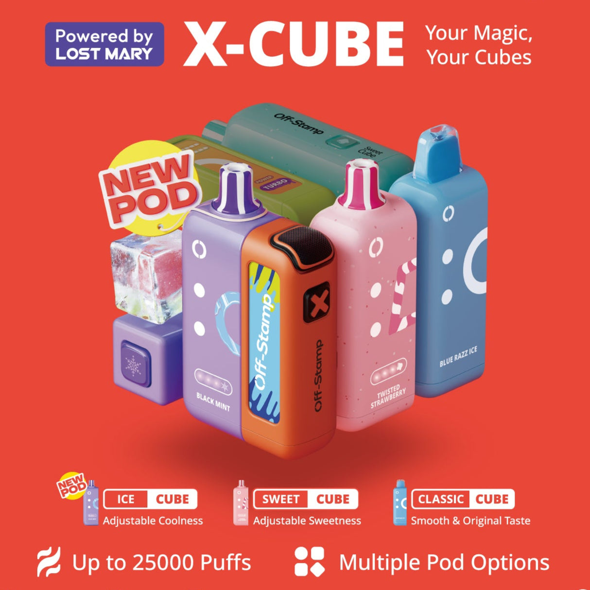 Retail-ready Off-Stamp X-CUBE Ice Cube Pod – 18mL capacity, dual mesh coil technology, wholesale-friendly for vape retailers.