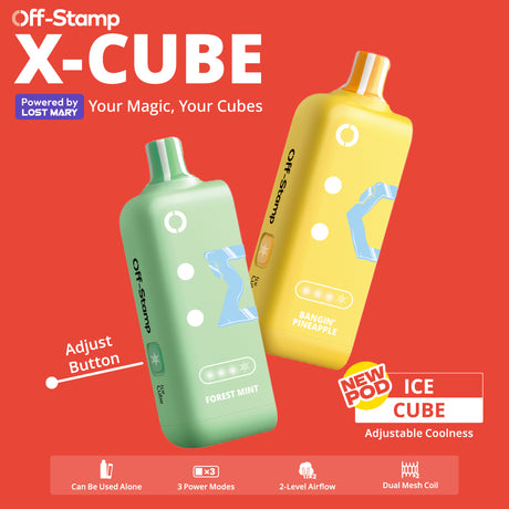 Off-Stamp X-CUBE Ice Cube Disposable Pod – 25K puff pod with adjustable ice, dual tank system, and smart device compatibility.