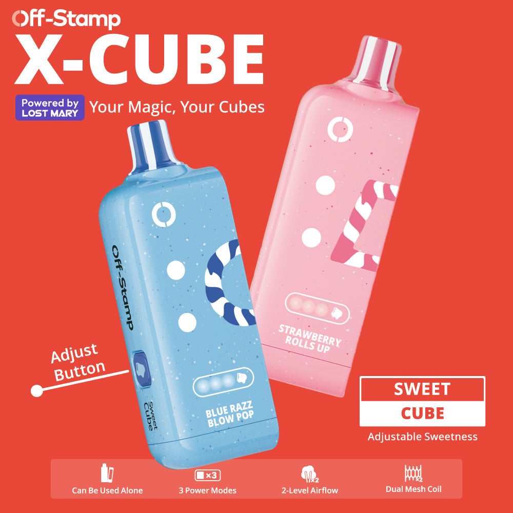 Off-Stamp X-CUBE Sweet-Cube Pod by LOST MARY – 25,000 puffs, dual tanks, and customizable sweetness.