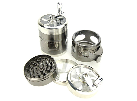 4-Piece Hand Crank Herb Grinder w/ Side Windows & Dispenser D-60mm Unishowinc 4-Piece Hand Crank Herb Grinder w/ Side Windows & Dispenser D-60mm
